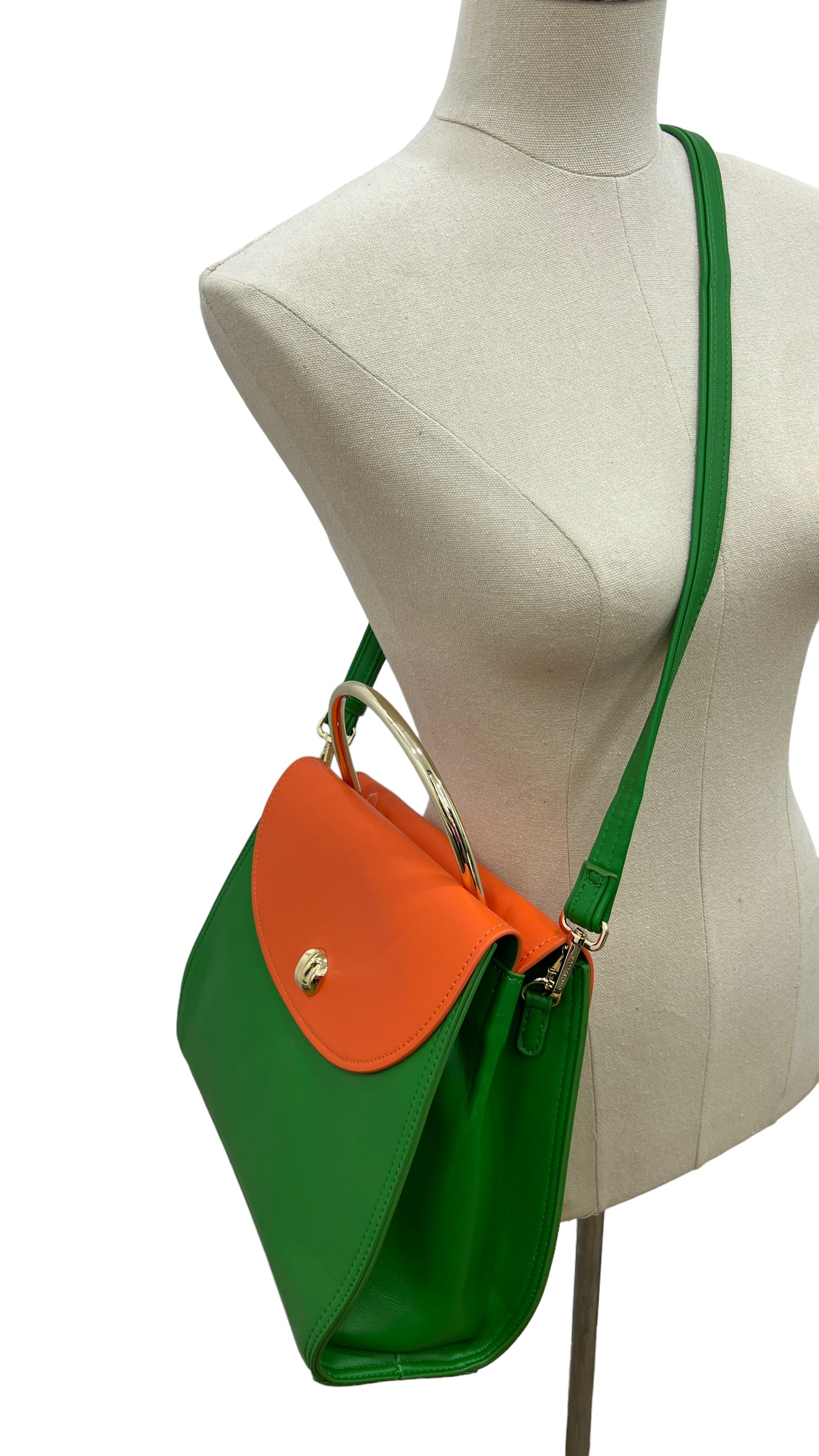 CHRISBELLA GREEN/ORANGE METAL TOP HANDLE DOUBLE SIDED BAG