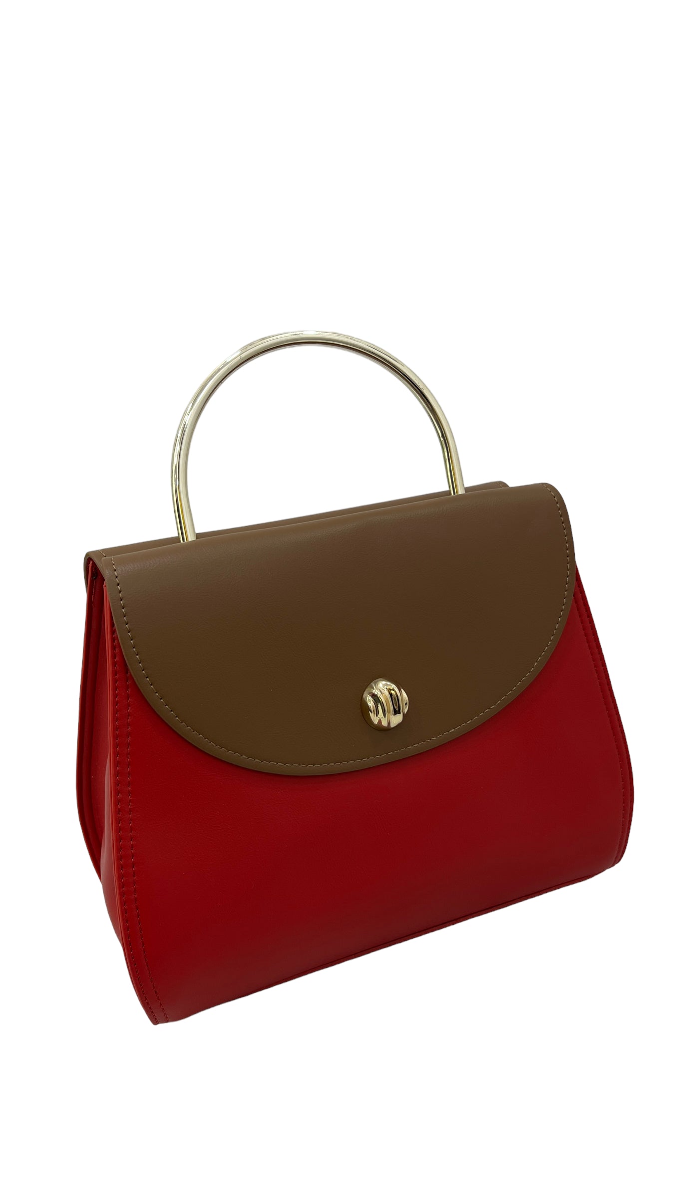 CHRISBELLA BROWN/RED METAL TOP HANDLE DOUBLE SIDED BAG