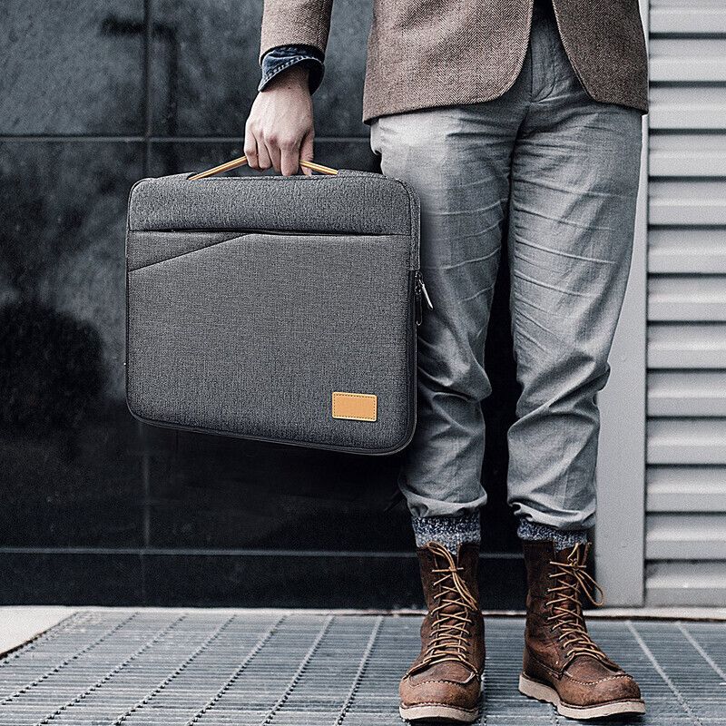 15' DARK GREY LAPTOP BAG WITH BROWN TOP HANDLE