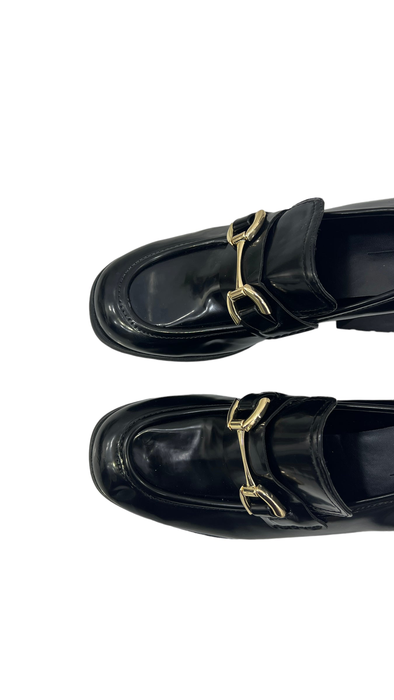 BERSHKA BLACK PATENT HEELED LOAFERS