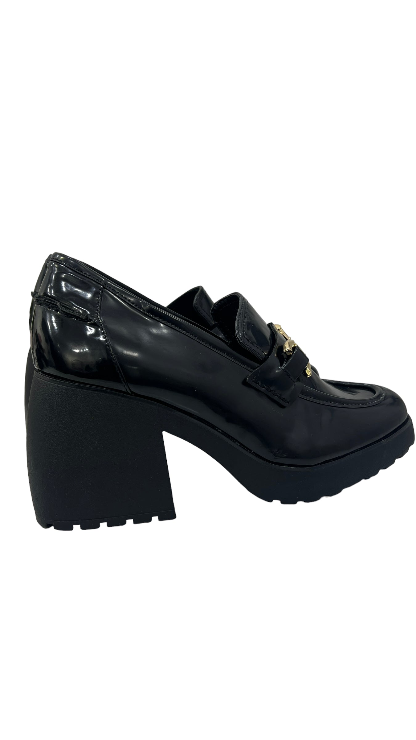 BERSHKA BLACK PATENT HEELED LOAFERS