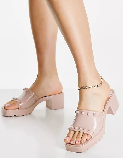 ASOS DESIGN HANI STUDDED JELLY HEELED MULES IN BEIGE