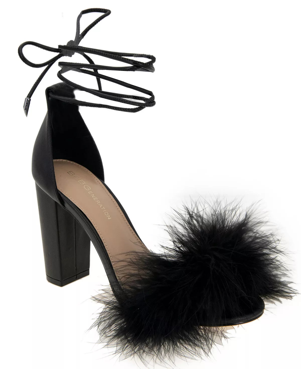 BCBGENERATION BLACK FUR STRAP BLOCK HEEL SANDAL