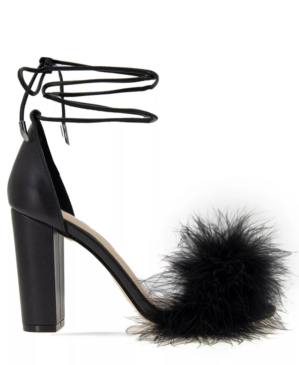 BCBGENERATION BLACK FUR STRAP BLOCK HEEL SANDAL