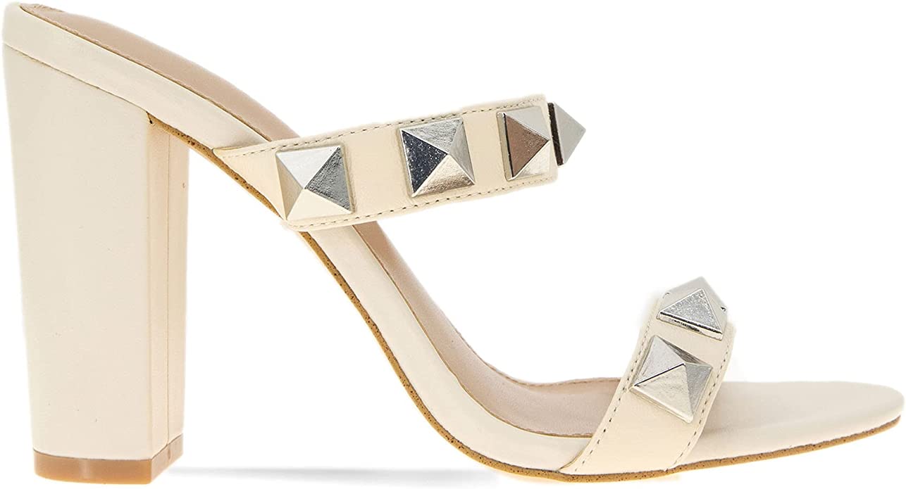 BCBGENERATION OFF WHITE MACRO STUD BLOCK HEELS