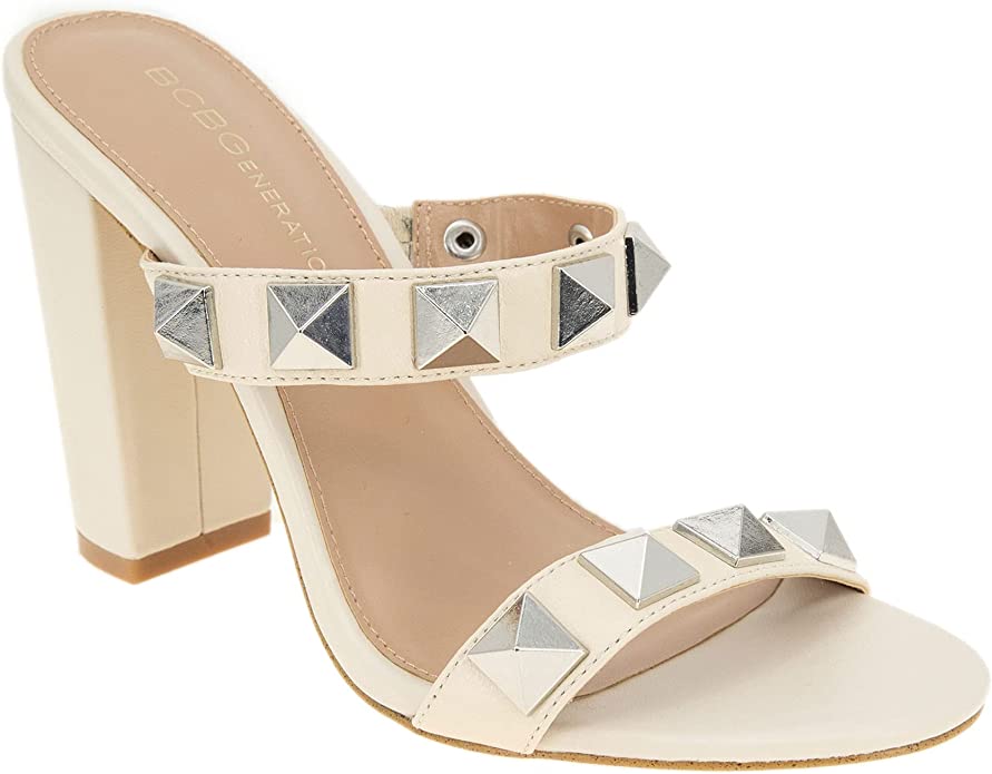 BCBGENERATION OFF WHITE MACRO STUD BLOCK HEELS