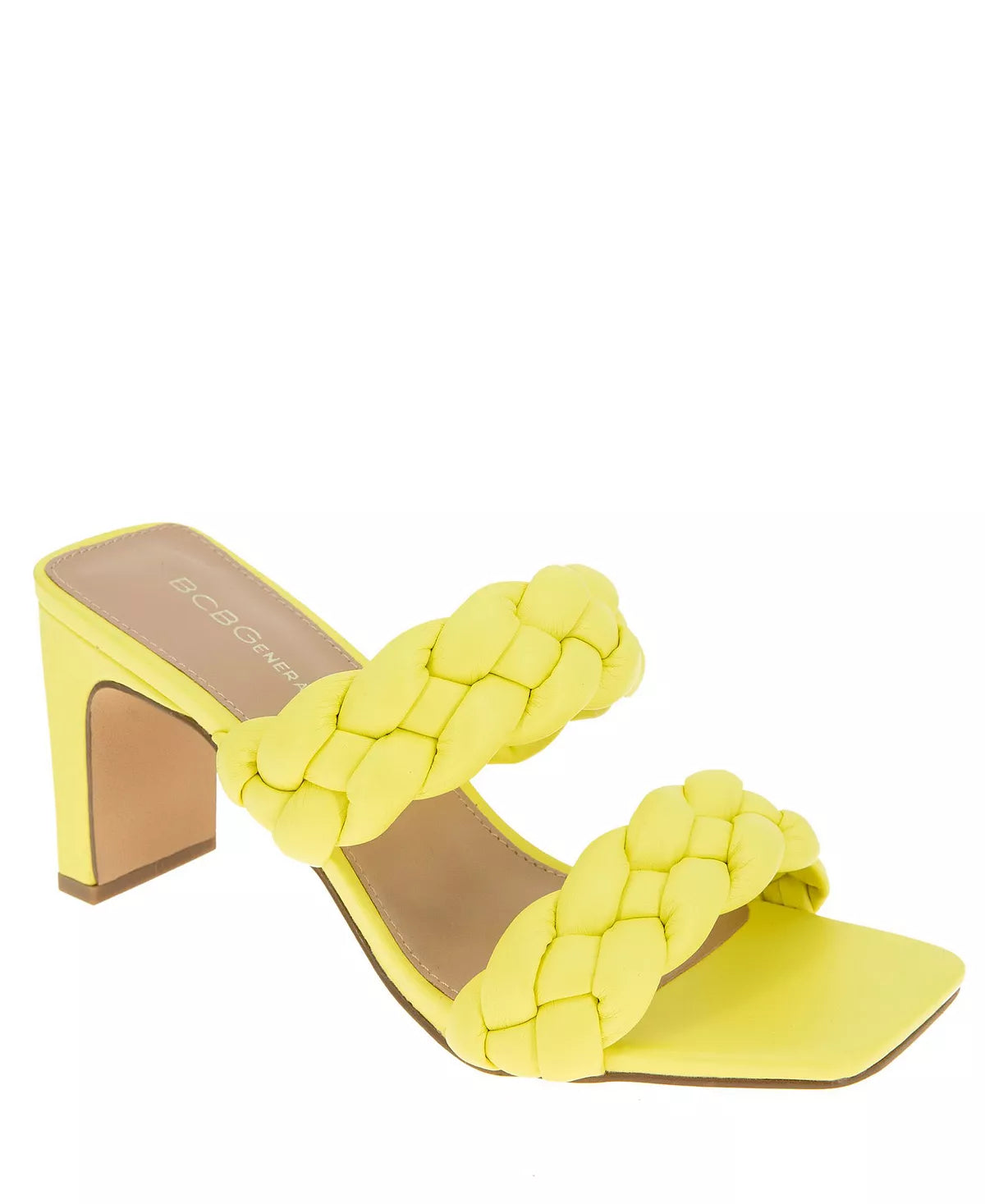 BCBGENERATION YELLOW BRAIDED STRAP BLOCK HEEL