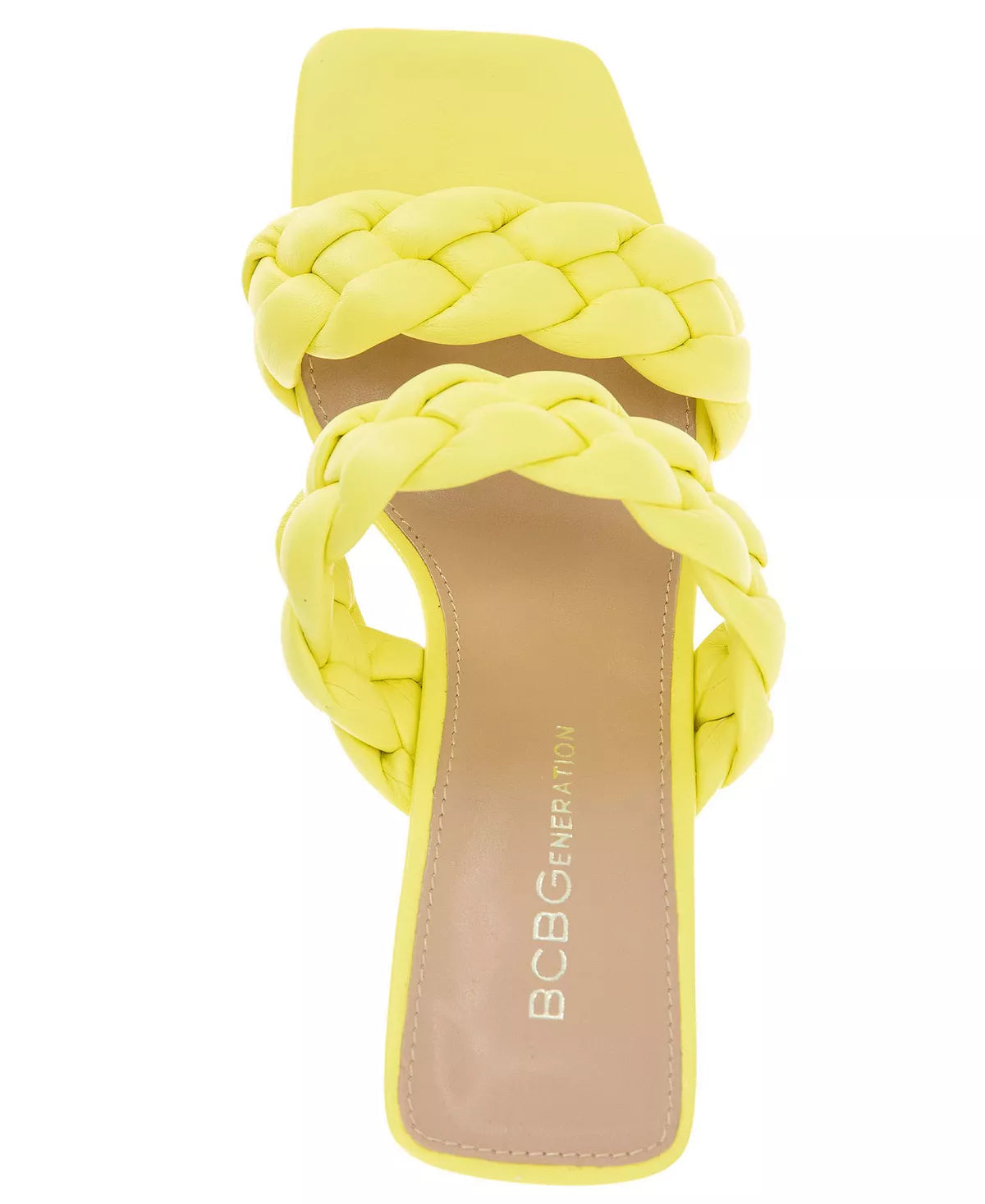 BCBGENERATION YELLOW BRAIDED STRAP BLOCK HEEL