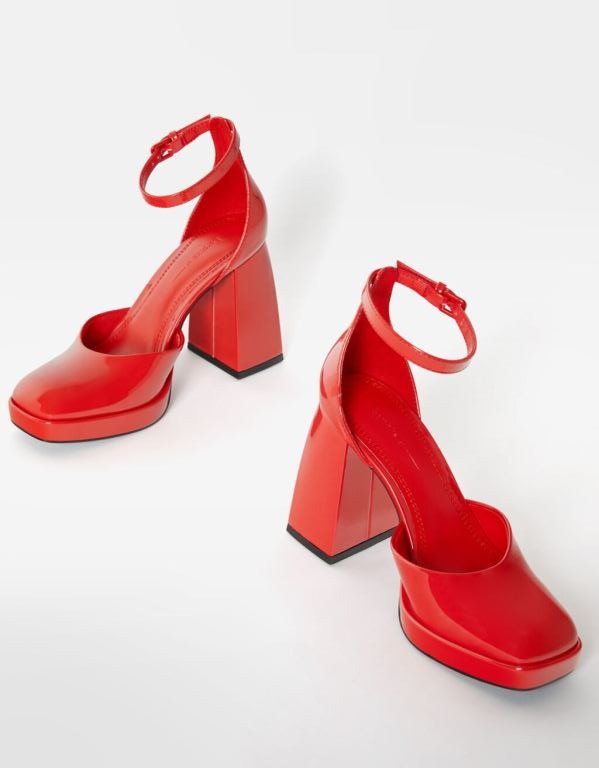 BERSHKA RED PATENT PLATFORM BLOCK HEEL
