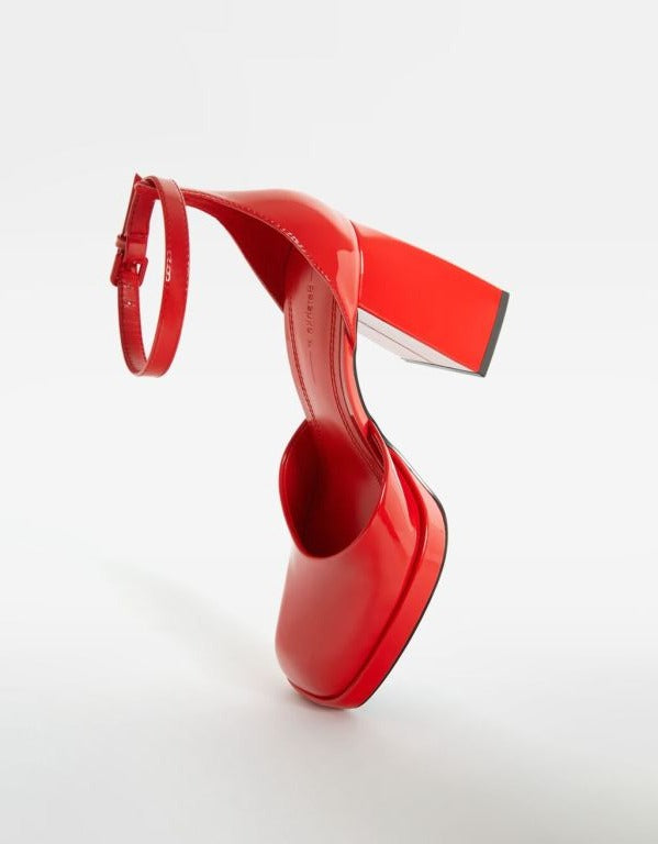 BERSHKA RED PATENT PLATFORM BLOCK HEEL