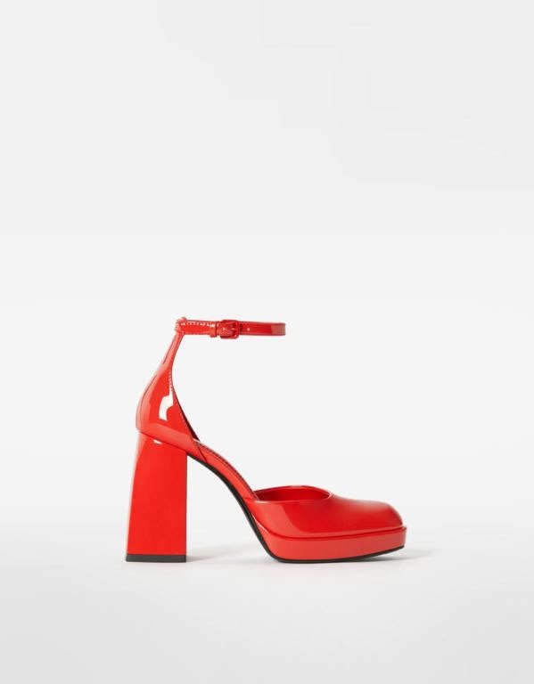BERSHKA RED PATENT PLATFORM BLOCK HEEL
