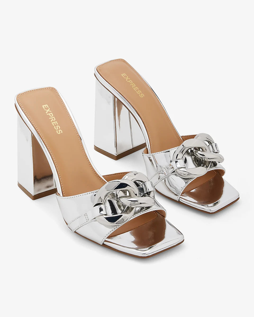 EXPRESS METALLIC CHAIN DETAIL BLOCK HEEL MULE