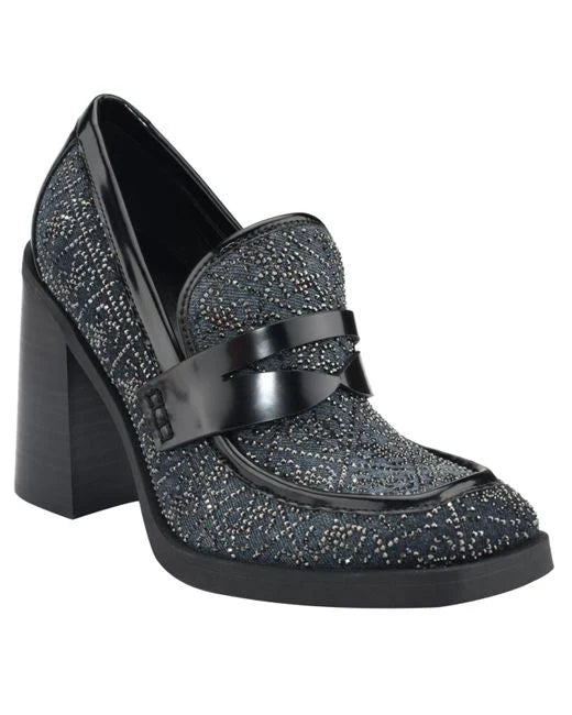 GUESS BLACK EMBELLISHED ENGRAVED LOGO HEELED LOAFERS