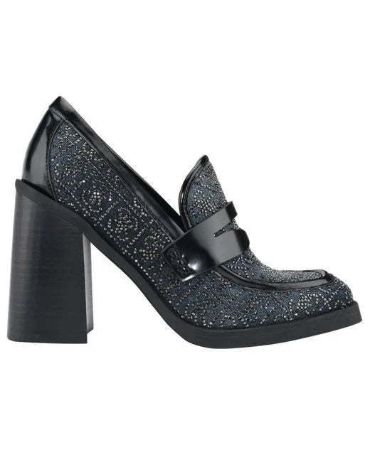 GUESS BLACK EMBELLISHED ENGRAVED LOGO HEELED LOAFERS