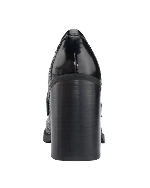 GUESS BLACK EMBELLISHED ENGRAVED LOGO HEELED LOAFERS