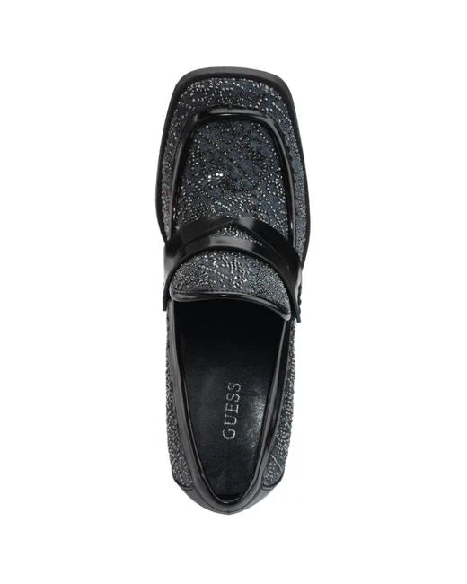 GUESS BLACK EMBELLISHED ENGRAVED LOGO HEELED LOAFERS