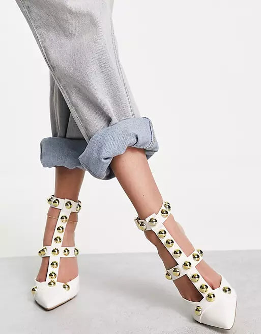 LONDON REBEL WHITE STUDDED STRAPPY HEELED SHOES