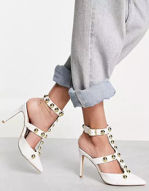 LONDON REBEL WHITE STUDDED STRAPPY HEELED SHOES