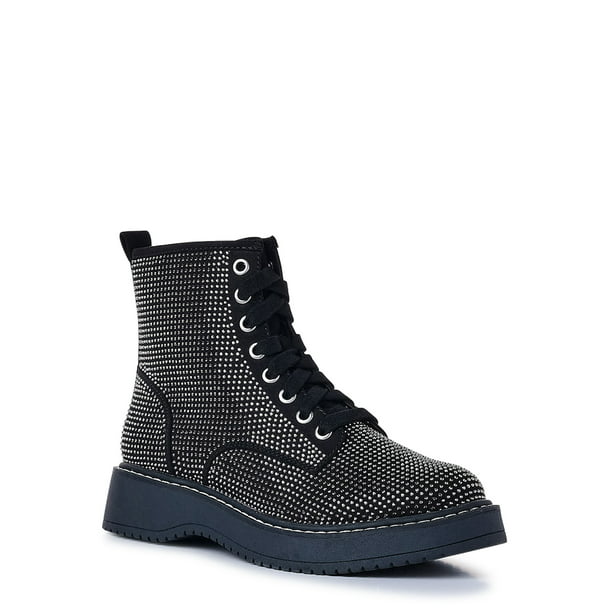 MADDEN NYC BLACK STUDDED LACE-UP ANKLE TRAINERS