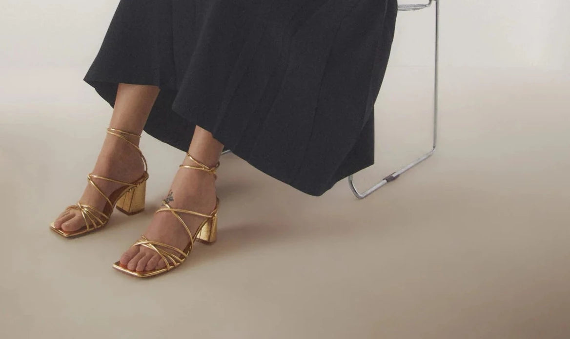 MANGO GOLD ANKLE WRAP BLOCK HEEL SANDAL