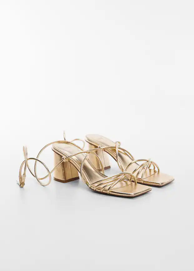 MANGO GOLD ANKLE WRAP BLOCK HEEL SANDAL
