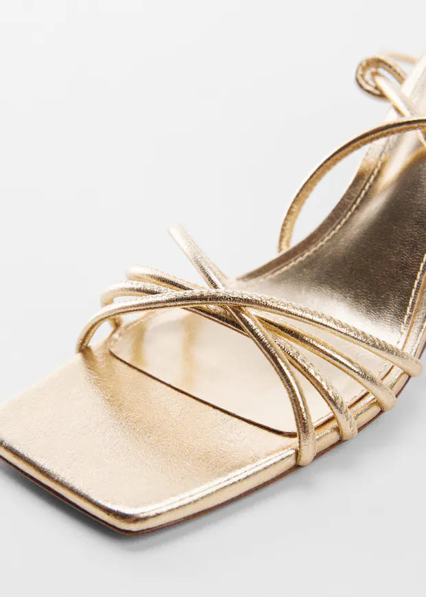 MANGO GOLD ANKLE WRAP BLOCK HEEL SANDAL