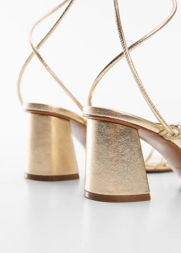MANGO GOLD ANKLE WRAP BLOCK HEEL SANDAL