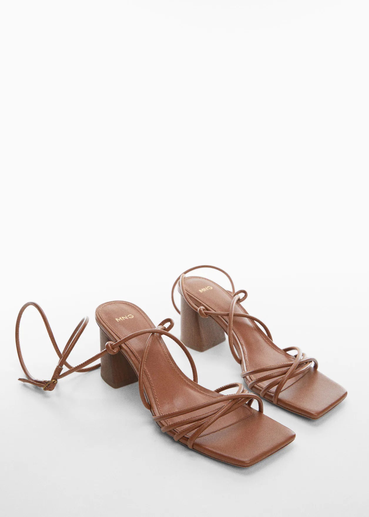 MANGO COGNAC ANKLE WRAP BLOCK HEEL SANDAL