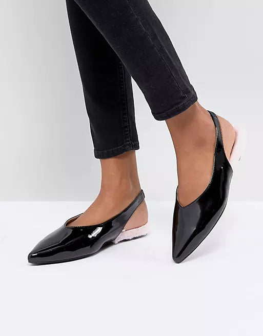 MONKI BLACK PATENT FUR DETAIL SLINGBACKS