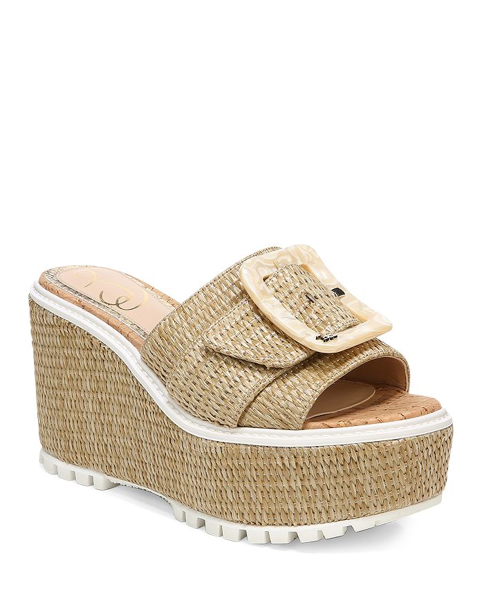 SAM EDELMAN NATURAL RAFFIA BUCKLE DETAIL WEDGE MULE