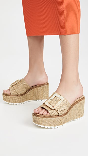 SAM EDELMAN NATURAL RAFFIA BUCKLE DETAIL WEDGE MULE