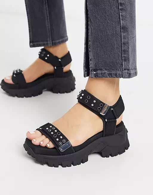 STRADIVARIUS BLACK STUDDED SPORTY SANDAL