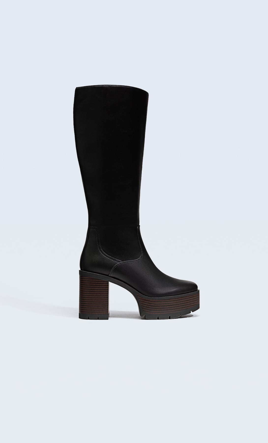 STRADIVARIUS BLACK WOOD-EFFECT PLATFORM HIGH-HEEL BOOTS