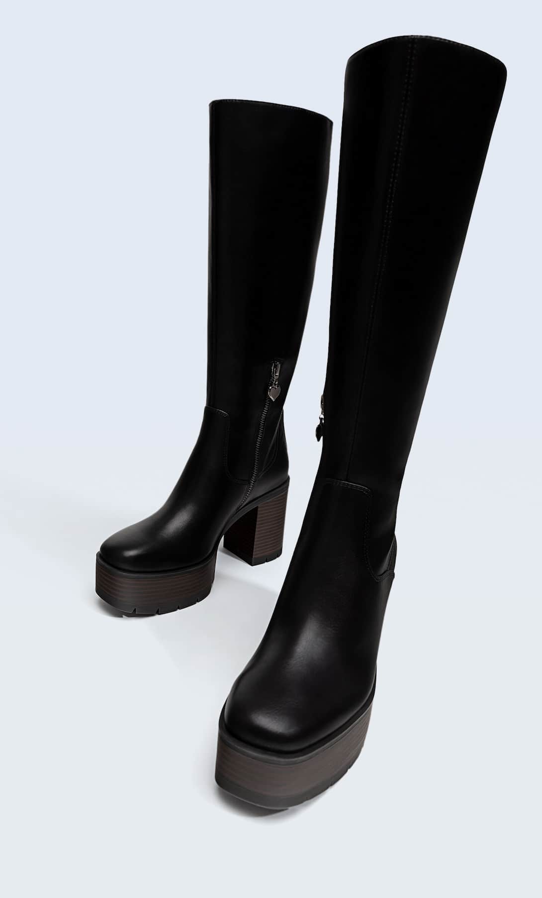 STRADIVARIUS BLACK WOOD-EFFECT PLATFORM HIGH-HEEL BOOTS