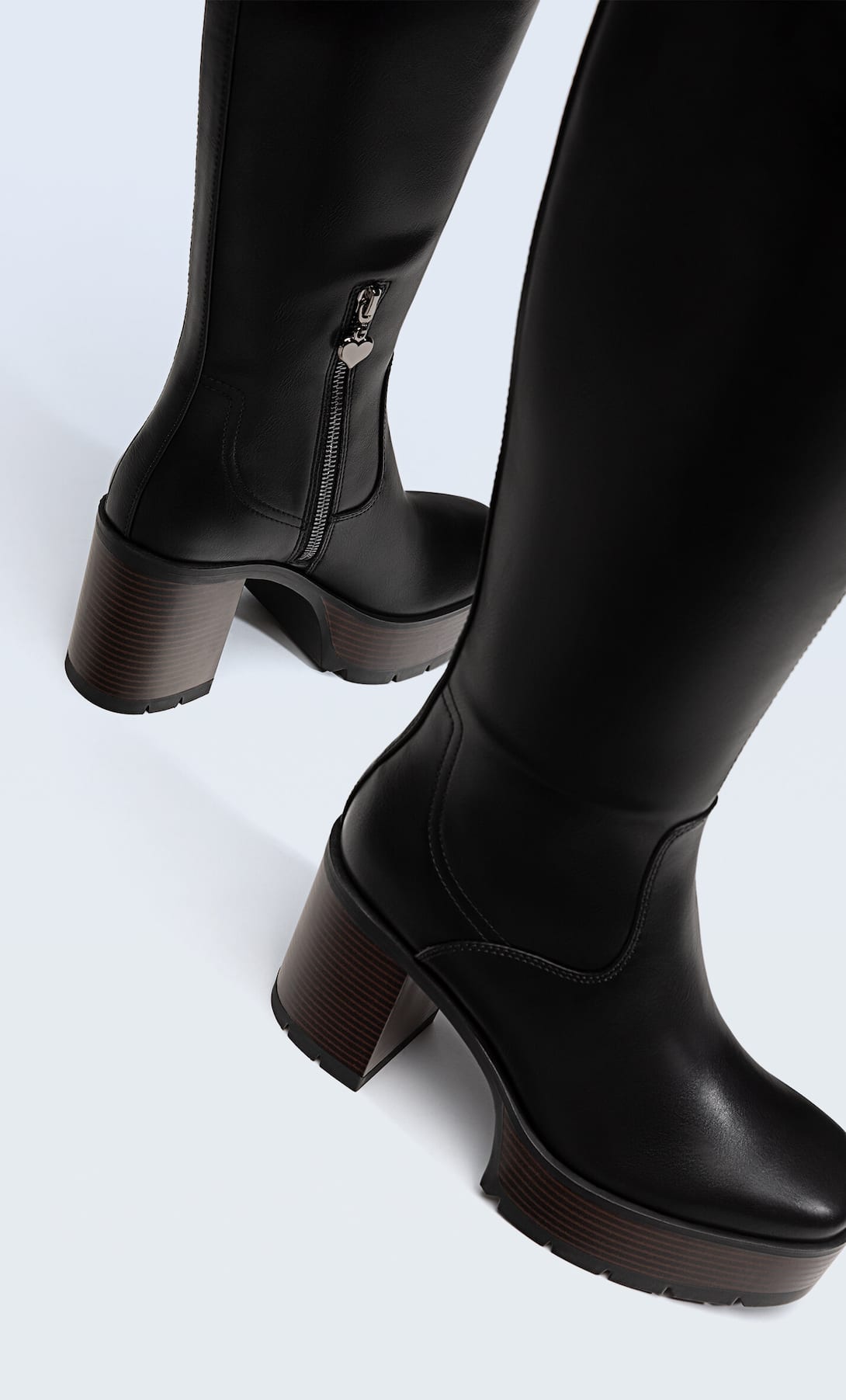 STRADIVARIUS BLACK WOOD-EFFECT PLATFORM HIGH-HEEL BOOTS