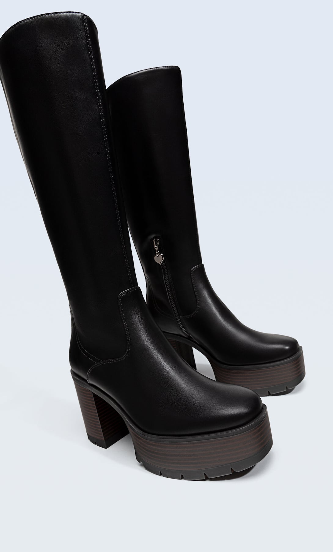 STRADIVARIUS BLACK WOOD-EFFECT PLATFORM HIGH-HEEL BOOTS