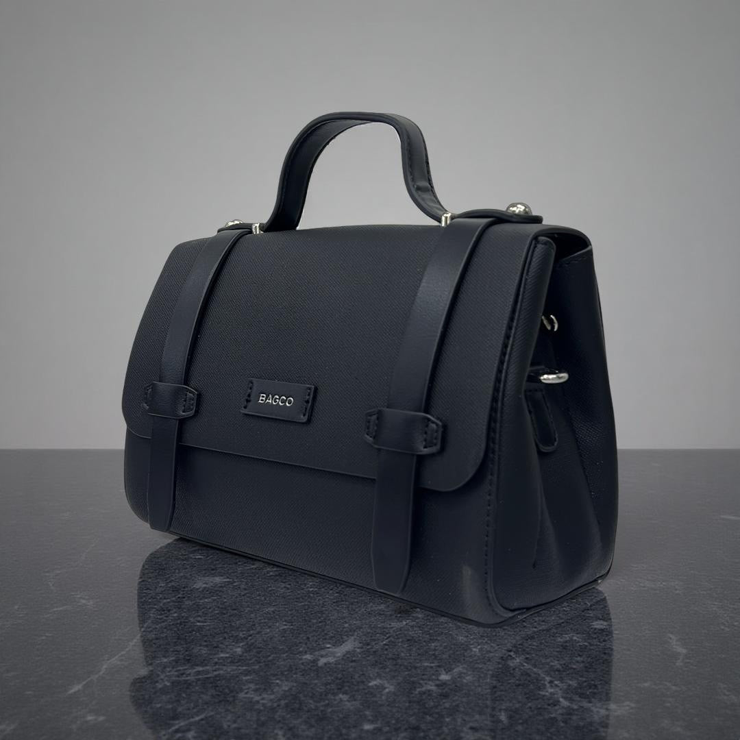 Bagco Leather Strap Top Handle Satchel in Black