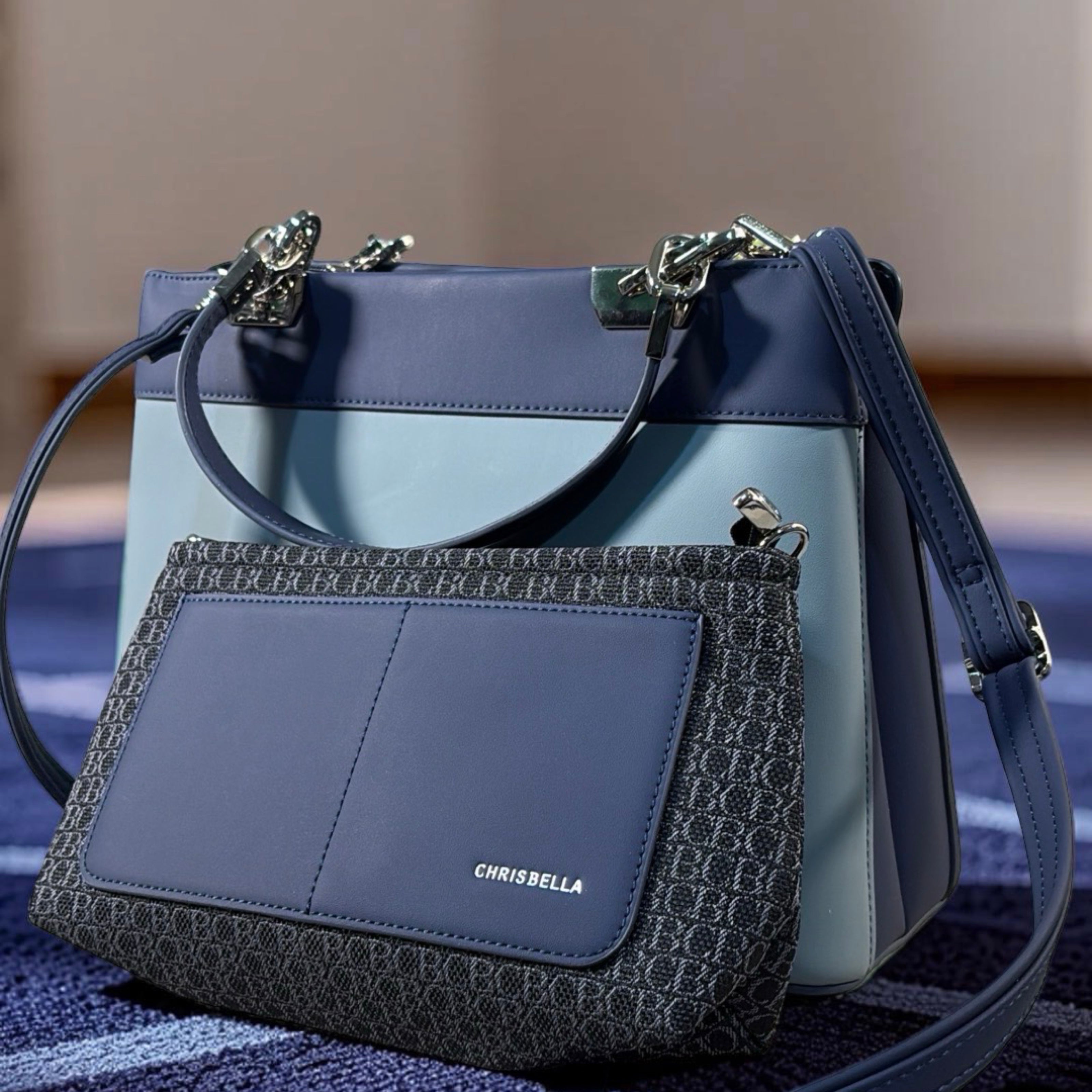 Chrisbella Metal Detail Double Handle 2-in-1 Bag in Navy