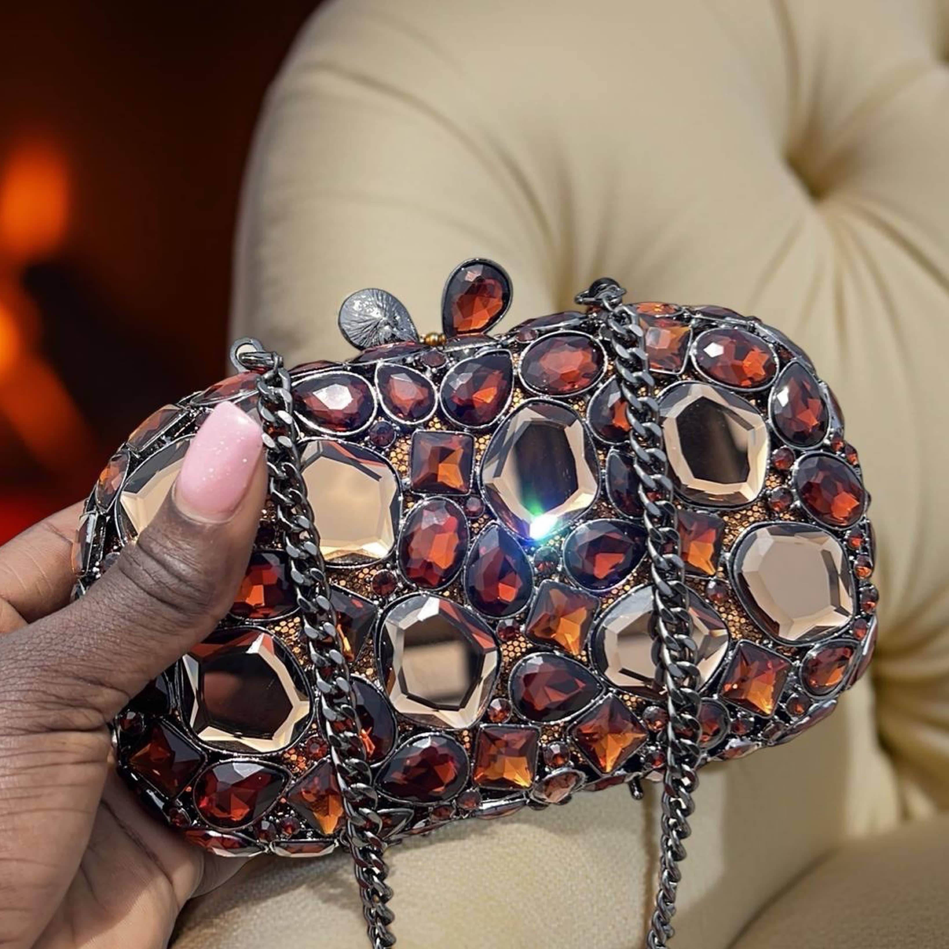 Tulum Sparkle Clutch  Bronze Rhinestone Evening Bag with Chain Strap