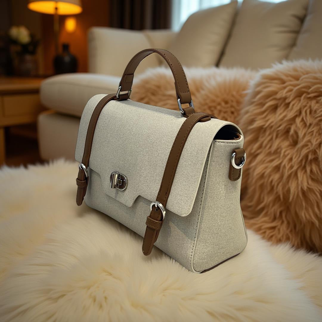 Bagco Leather Strap Top Handle Satchel With Twist-Knob in Off-White