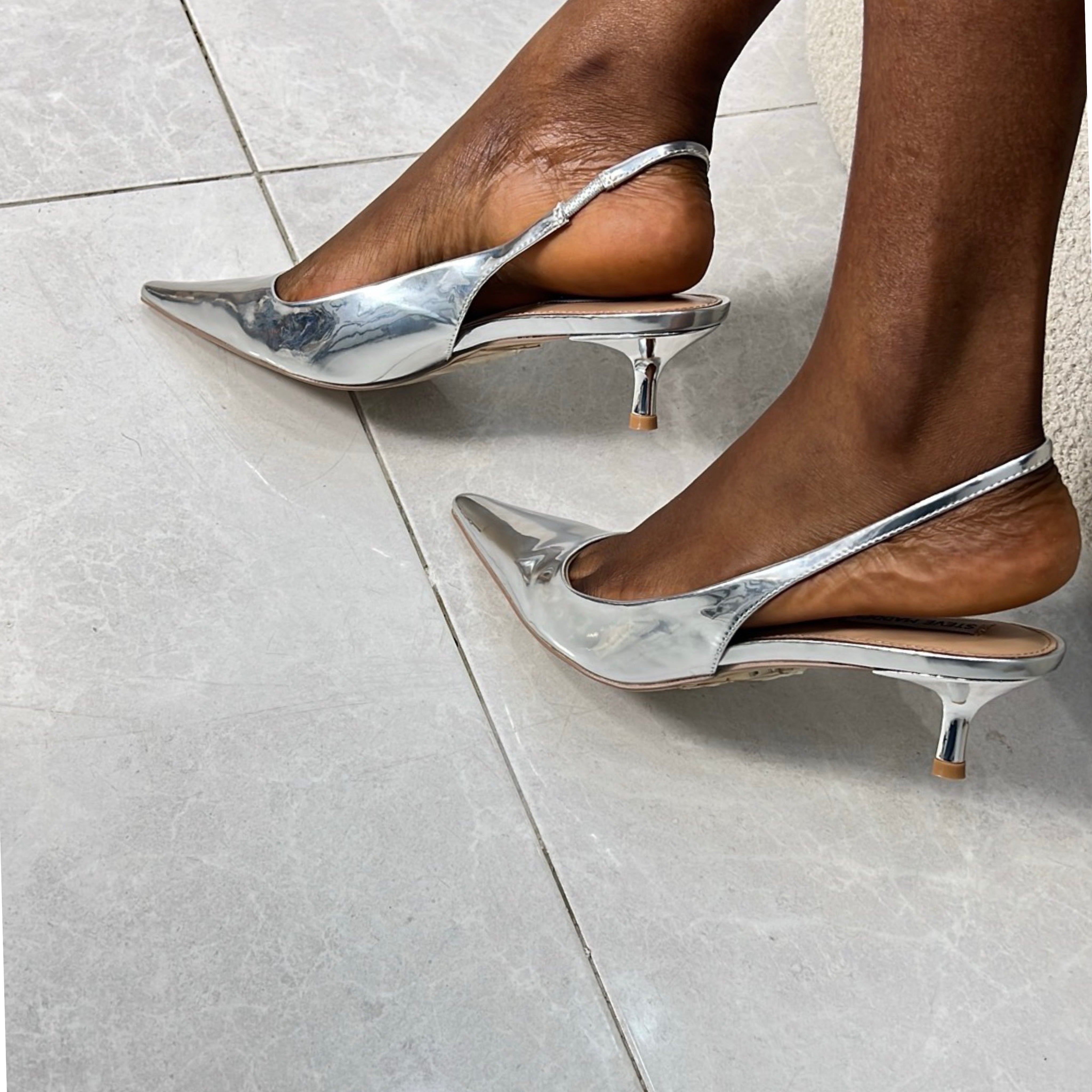 Steve Madden Pointed Toe Slingback Kitten Heels in Metallic Silver