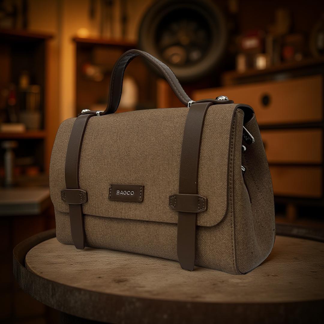 Bagco Leather Strap Top Handle Satchel in Coffee