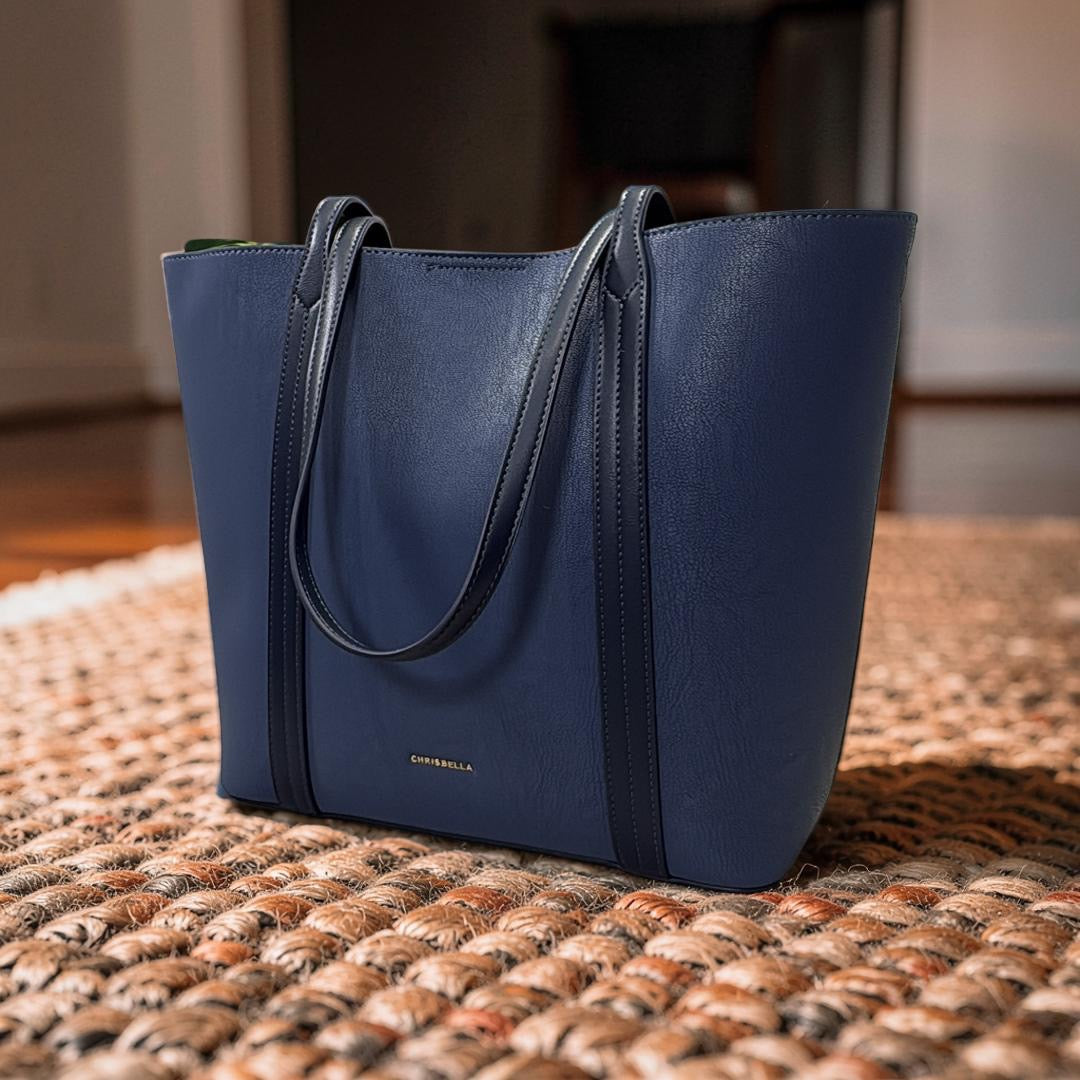 Chrisbella Large Matte Leather Bag in Navy