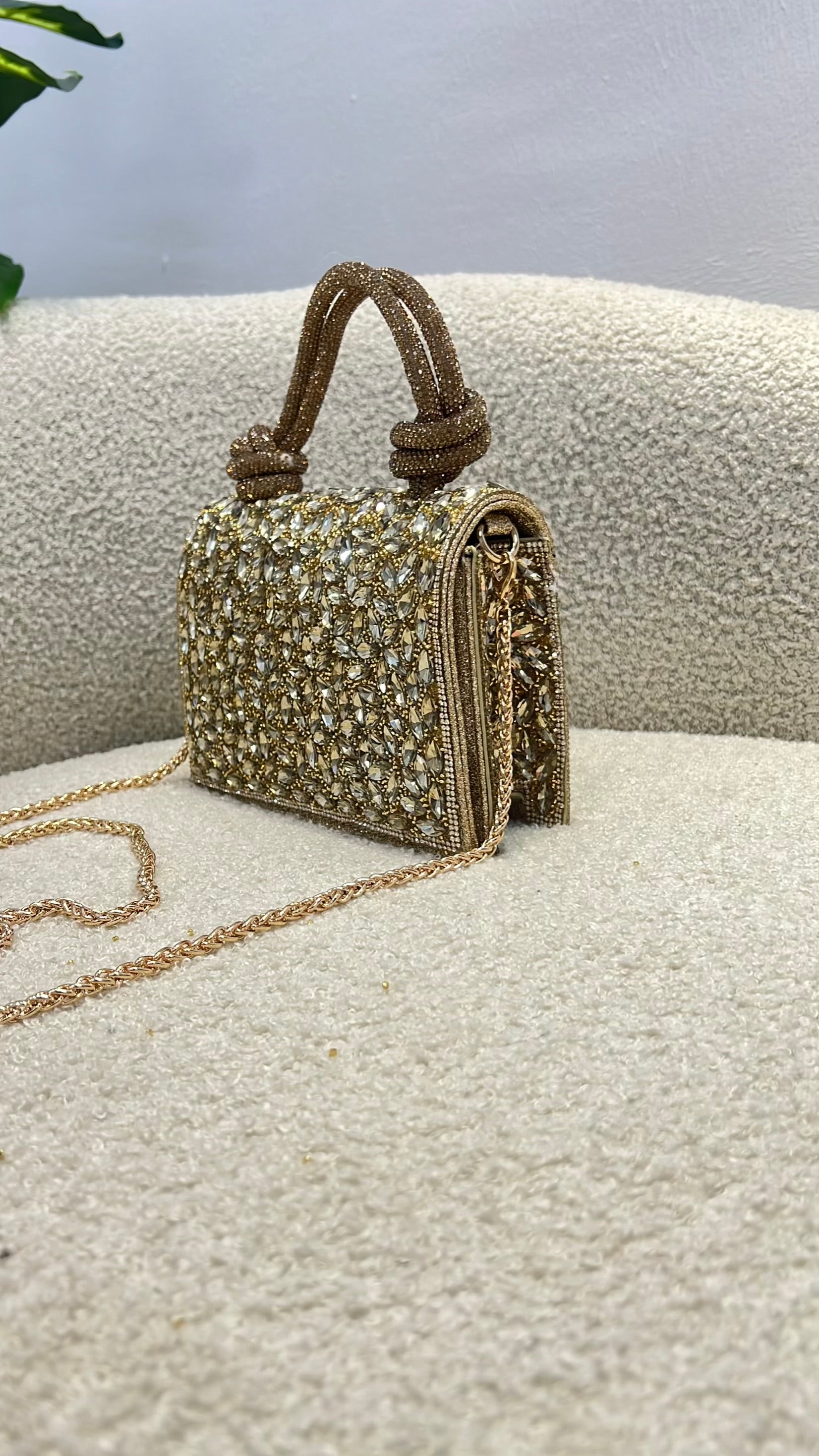 Top Handle Tie-Knot Embellished Purse in Gold