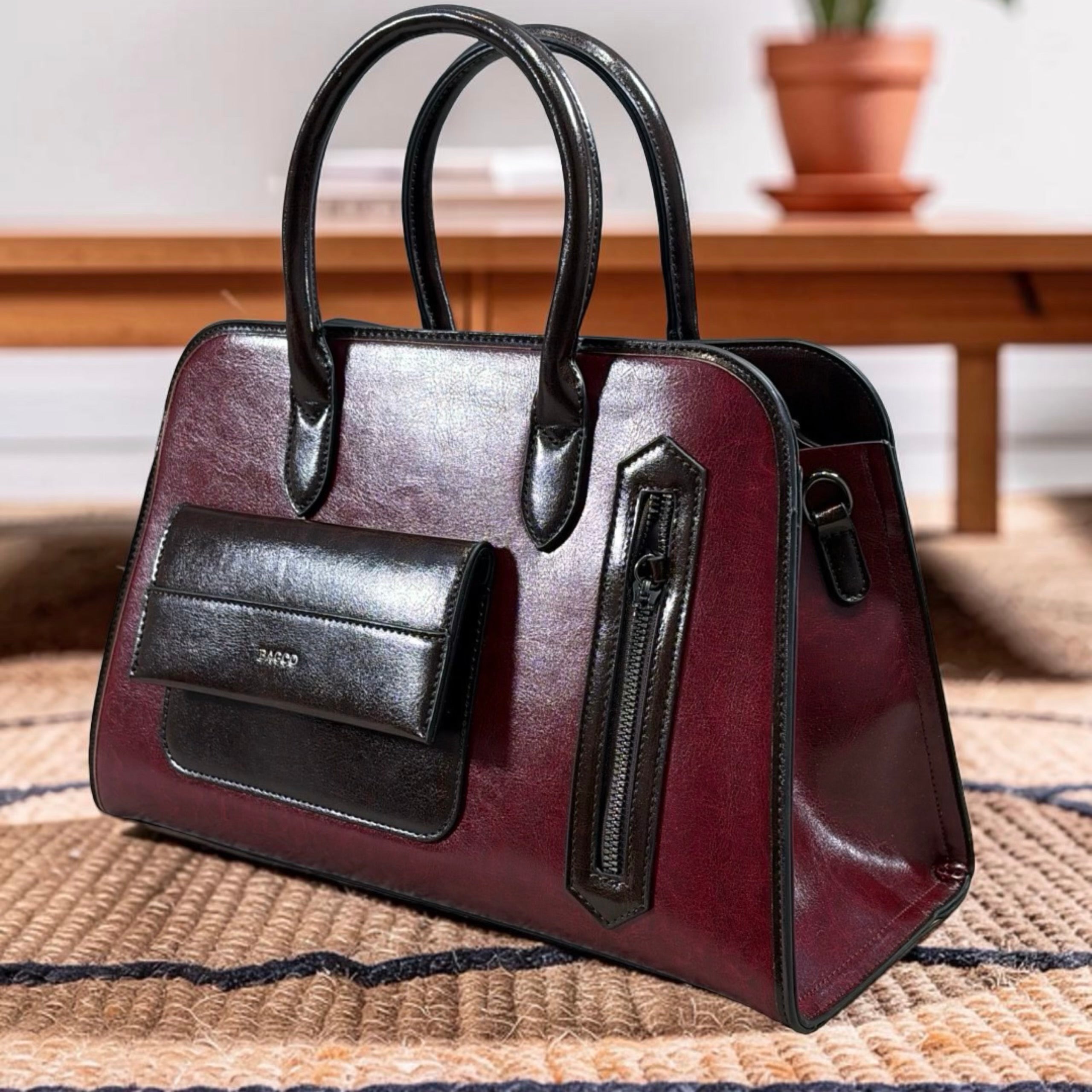 Bagco Front Pocket Detail Structured Bag in Wine