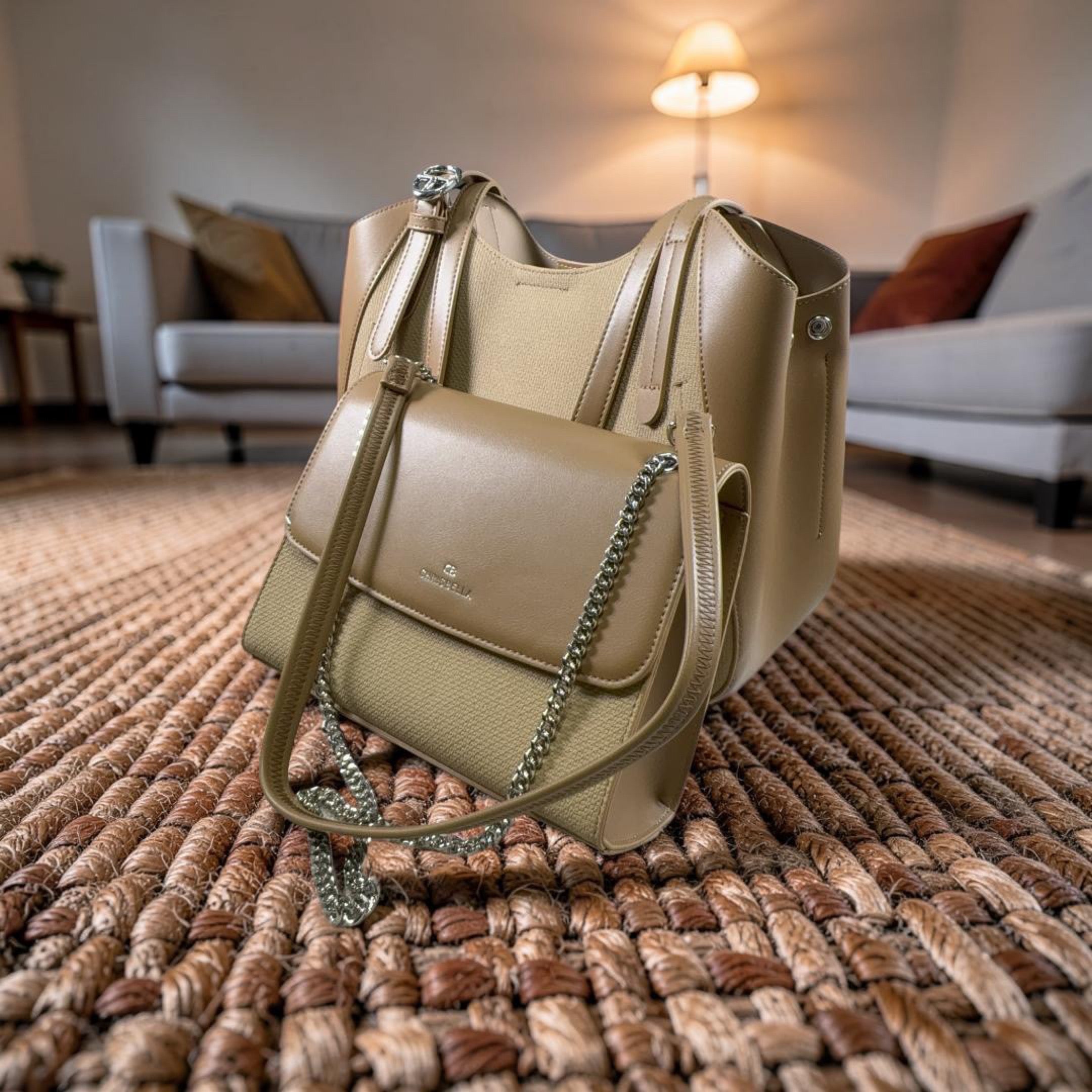 Chrisbella Leather Textured Fabric Contrast Bag in Beige