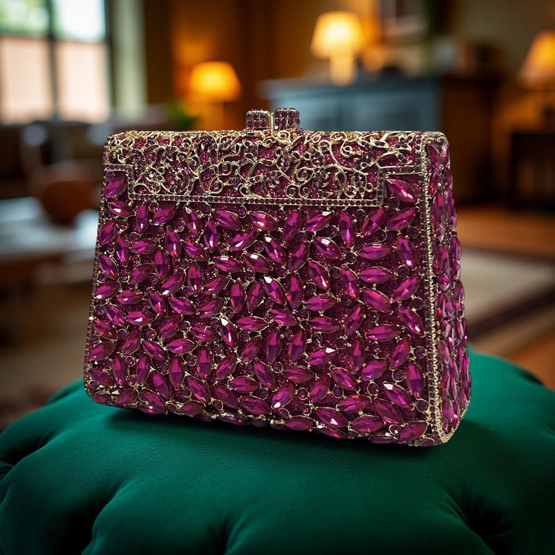 Milan Luxe Clutch Structured Party Purse with Stones in Pink