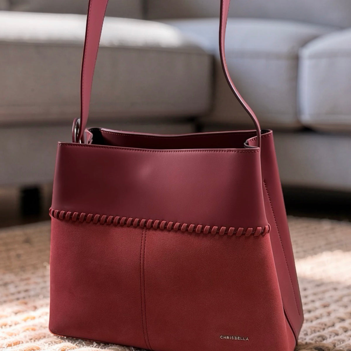 Chrisbella Single Belt Strap Bag Suede Detail Bag in Wine