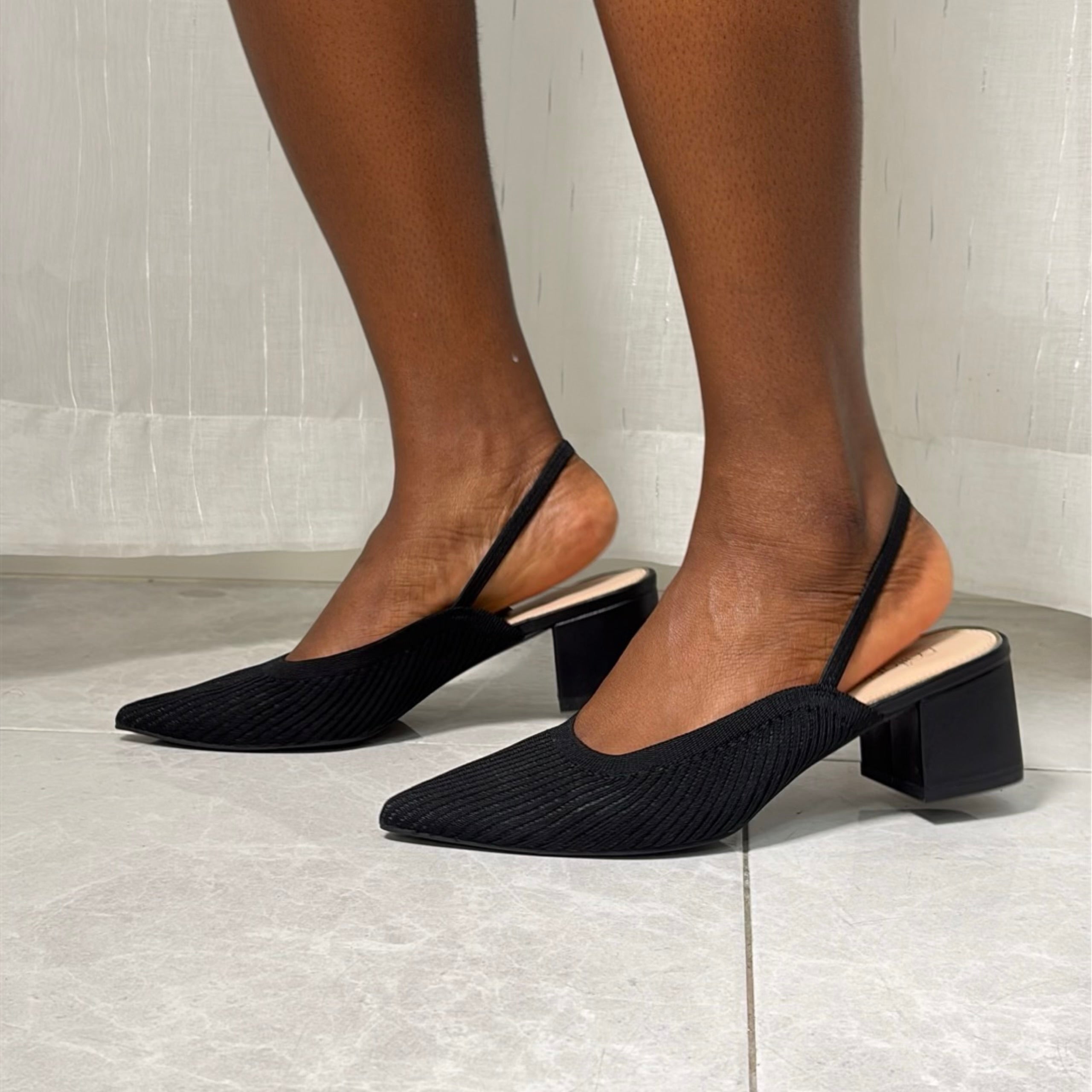 Milano Elastic Slingback Block Heel Shoes in Black