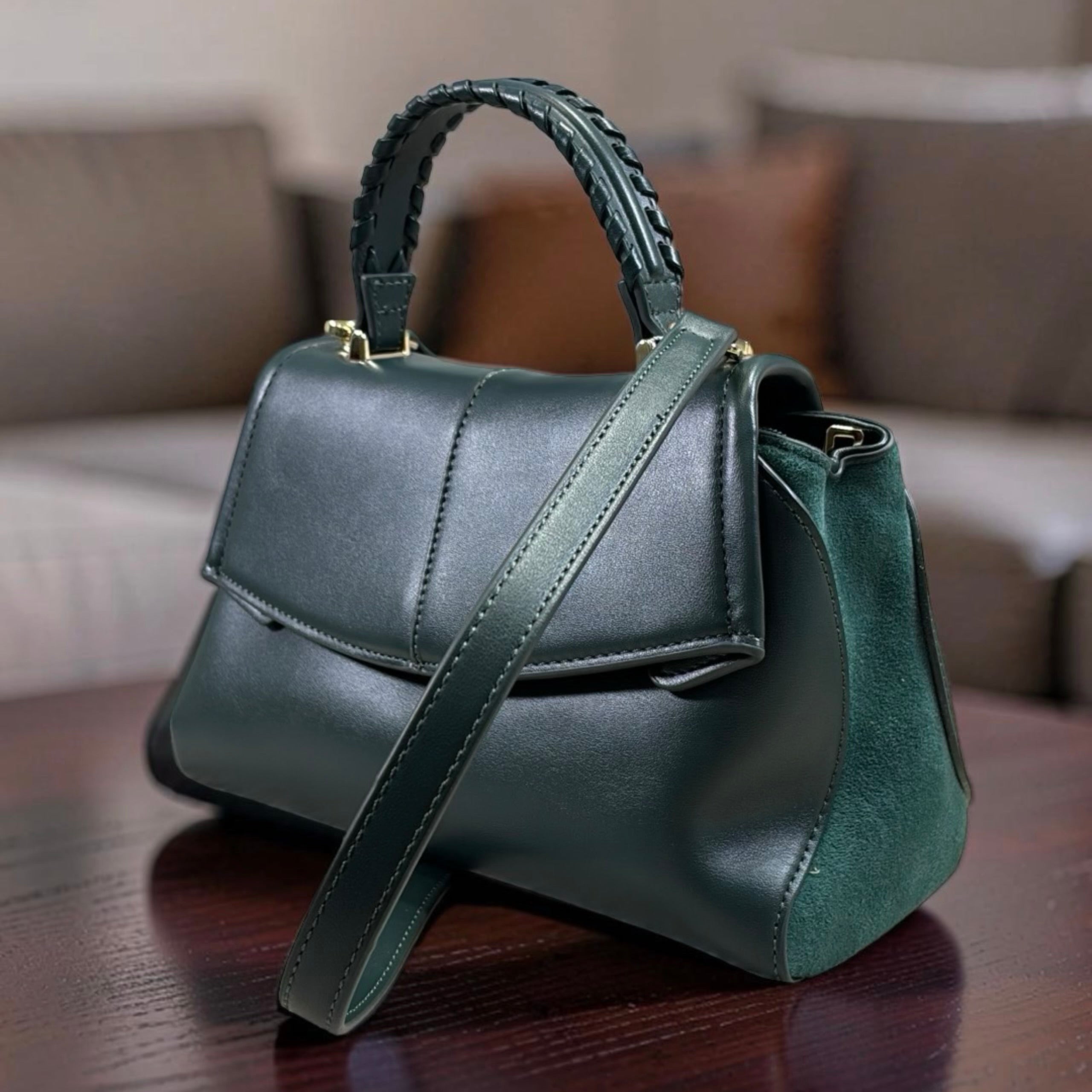Chrisbella Suede Contrast Top Handle Bag in Green